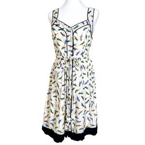 Milly NY Parakeet Bird Print Sundress 8 Fit & Flare Belted Midi Dress Silk Blend